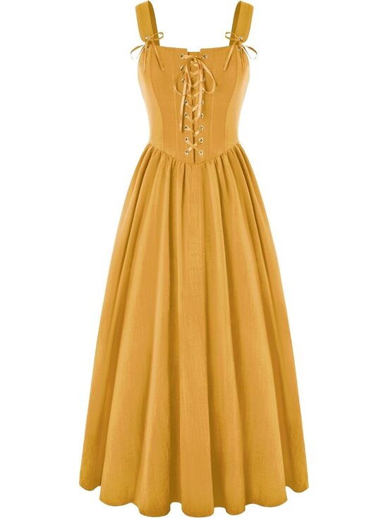 Dresses & Skirts - Women's Yellow Cottage Core Long Sleeveless Lace Up Imported Costume Dress